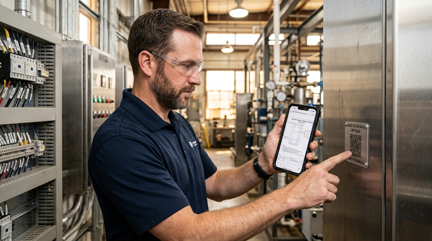 Field engineer scanning industrial QR equipment plate